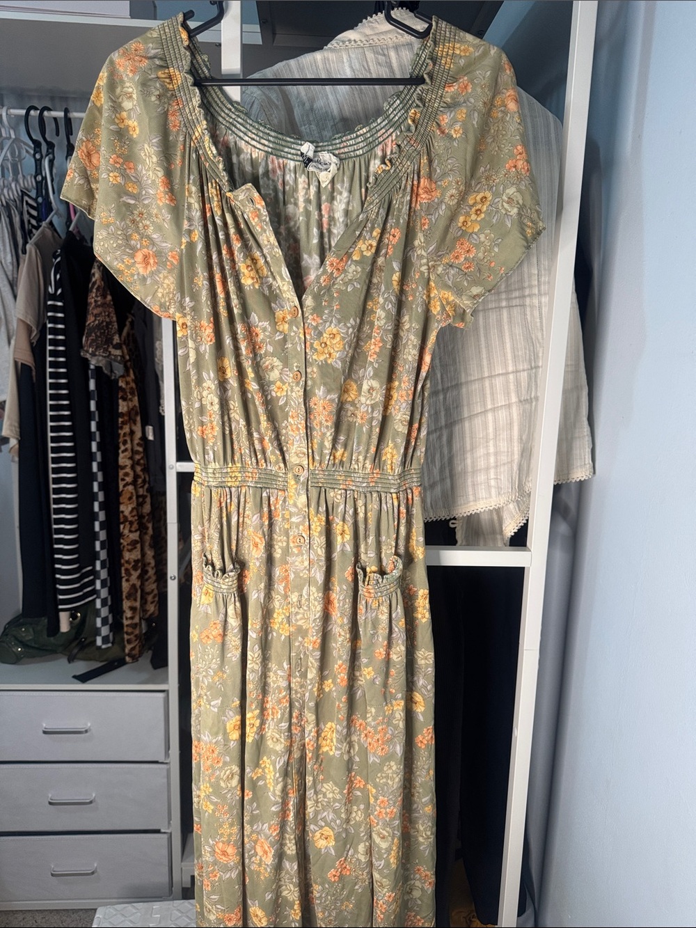 Vintage Stern and Manns Floral Olive Green Button-Front Midi Dress